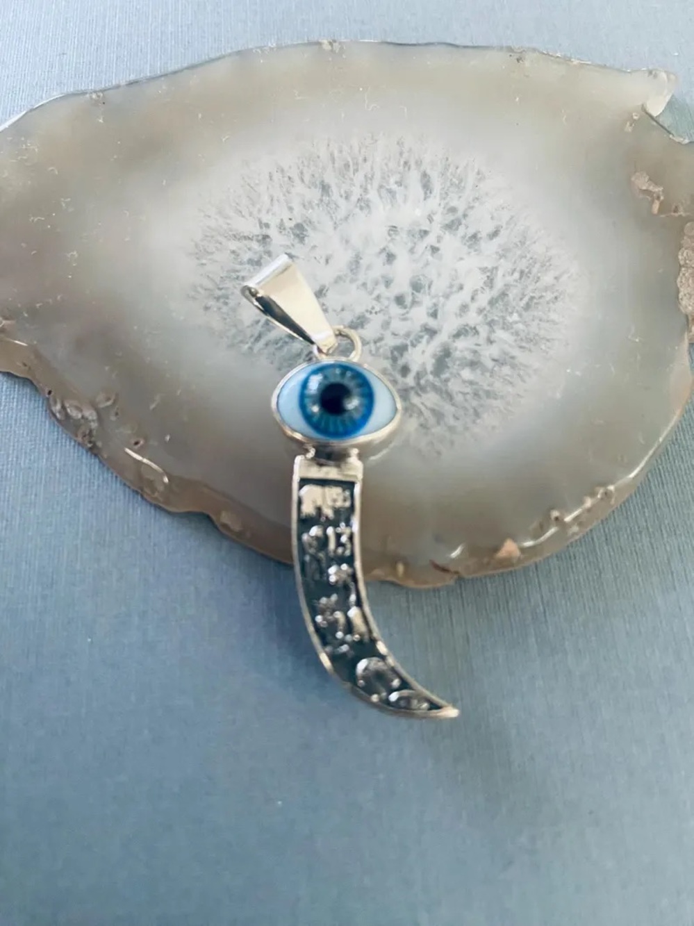Blue Evil Eye Horn Pendant Necklace - Sterling Silver Style